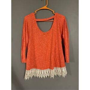 Takara Open Back Coral Top Blouse Crochet Lace Trim Hem Size Medium
